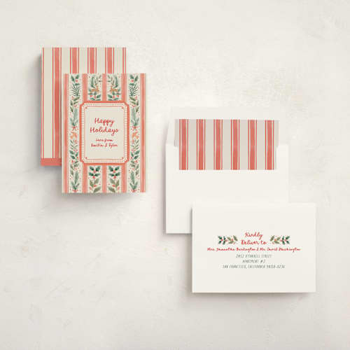 This is a cherry non photo holiday cards with standard by Elly called festive stripes printing on signature in standard