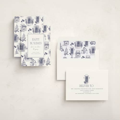 This is a wintersky non photo holiday cards with standard by Rebecca Durflinger called holiday home toile printing on signature in standard