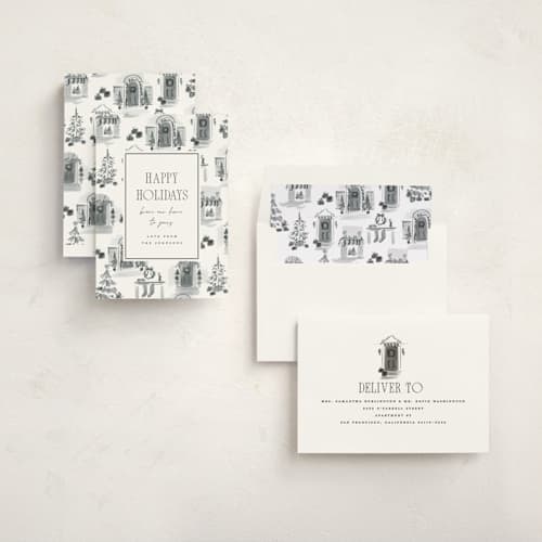 This is a coal non photo holiday cards with standard by Rebecca Durflinger called holiday home toile printing on signature in standard