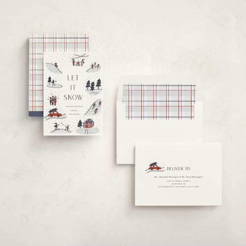 This is a snow day non photo holiday cards with standard by Lauren Jinhee called snowy scenes printing on signature in standard