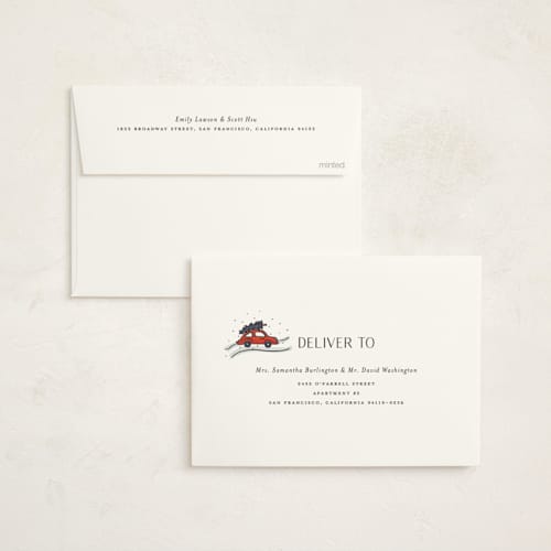 This is a snow day non photo holiday cards with standard by Lauren Jinhee called snowy scenes printing on signature in standard
