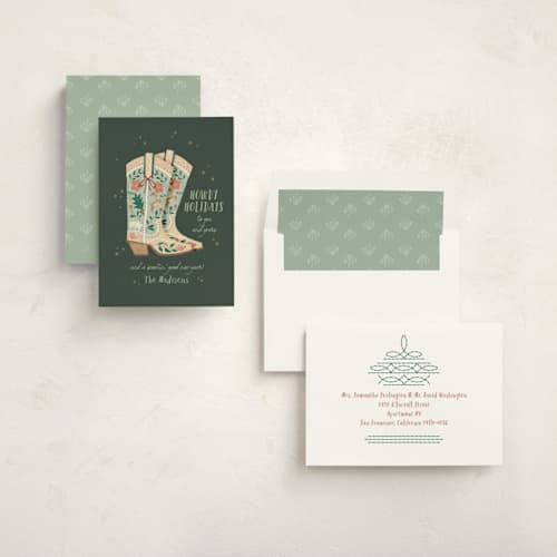 This is a balsam non photo holiday cards with standard by Leia Matt called howdy holidays boots printing on signature in standard