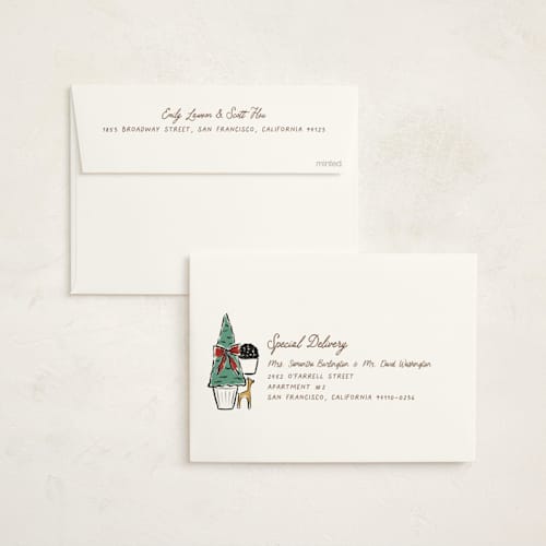 This is a champagne non photo holiday cards with standard by chocomocacino called panettone printing on signature in standard