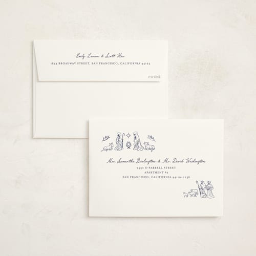 This is a indigo non photo holiday cards with standard by Jamie Alexander called nativity printing on signature in standard