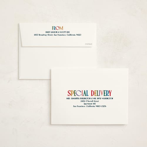 This is a night sky non photo holiday cards with standard by Owl and Toad called colorful characters printing on signature in standard