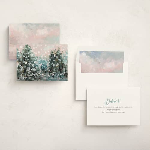 This is a snow non photo holiday cards with standard by Lindsay Megahed called wonderful time printing on signature in standard