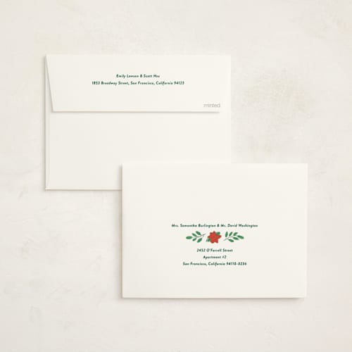 This is a evergreen non photo holiday cards with standard by Kelly Williams called poinsettia joy printing on signature in standard