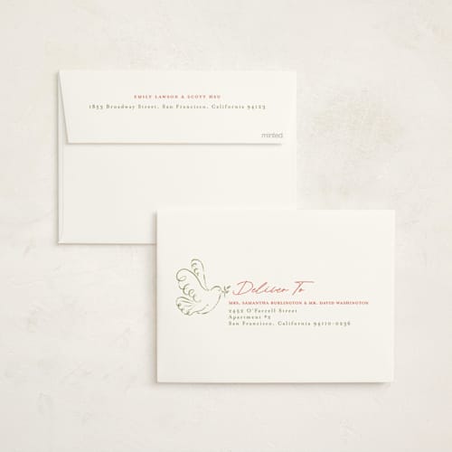 This is a cranberry non photo holiday cards with standard by Vera Lim called peace dove.. printing on signature in standard