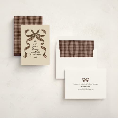 This is a spice non photo holiday cards with standard by Leah Bisch called gingham ribbon printing on signature in standard