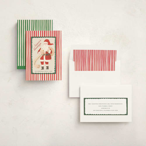 This is a candy cane non photo holiday cards with standard by Teju Reval called greetings from santa printing on signature in standard
