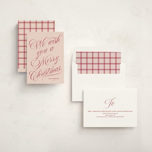 This is a rosy cheeks non photo holiday cards with standard by Kate Ahn called with flourish printing on signature in standard