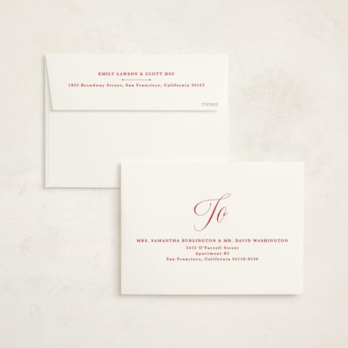 This is a cranberry non photo holiday cards with standard by Kate Ahn called with flourish printing on signature in standard