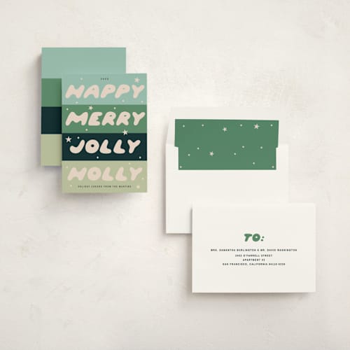 This is a winterfresh non photo holiday cards with standard by Ani Somi called cheerful greetings printing on signature in standard