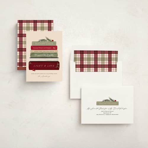 This is a sugared cranberry non photo holiday cards with standard by Kate Ahn called book stack printing on signature in standard