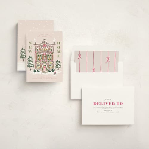This is a flamingo non photo holiday cards with standard by Jackie Crawford called new home holiday house printing on signature in standard