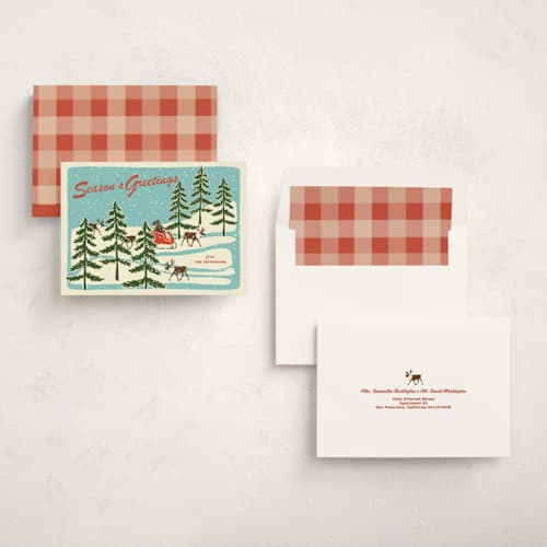 This is a sleigh ride non photo holiday cards with standard by Lauren Jinhee called vintage north pole printing on signature in standard