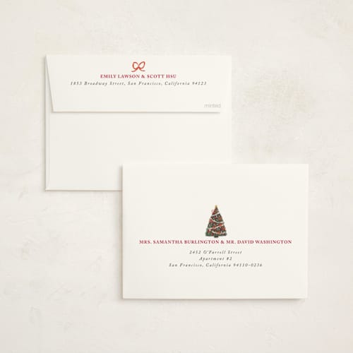 This is a candy cane non photo holiday cards with standard by Cass Loh called city christmas tree printing on signature in standard