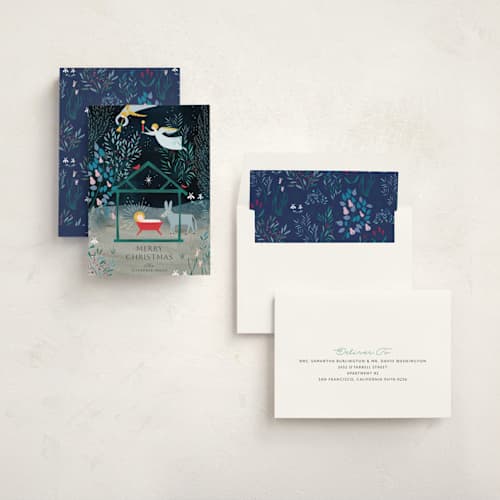 This is a tapestry non photo holiday cards with standard by Eve Schultz called nativity garden printing on signature in standard