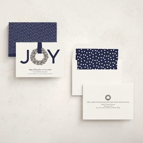 This is a blueberry non photo holiday cards with standard by Sarah Brown called joy wreath printing on signature in standard