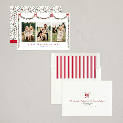 This is a peppermint new year photo cards with standard by Susan Moyal called joyful holly printing on recycled smooth signature in standard
