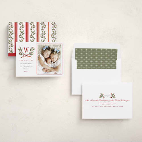 This is a holly berry new year photo cards with standard by Wildfield Paper Co called holly monogram printing on recycled smooth signature in standard