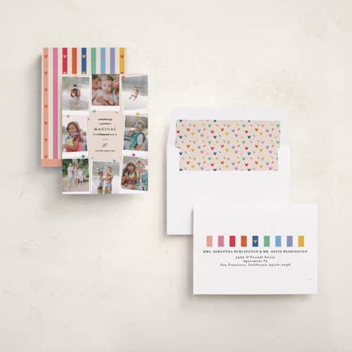 This is a rainbow new year photo cards with standard by Creo Study called disney's mickey magical and cheerful printing on recycled smooth signature in standard