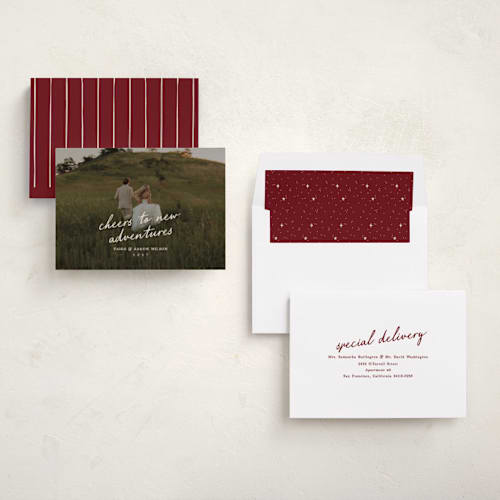 This is a creme new year photo cards with standard by Owl and Toad called adventure printing on recycled smooth signature in standard