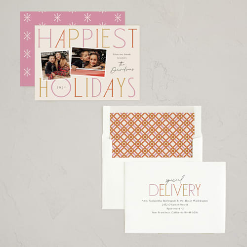 This is a bubblegum new year photo cards with standard by Laura Hankins called grand greetings printing on recycled smooth signature in standard
