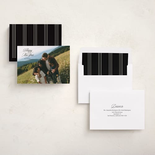 This is a charcoal new year photo cards with standard by Cindy Reynolds called primrose hill printing on recycled smooth signature in standard