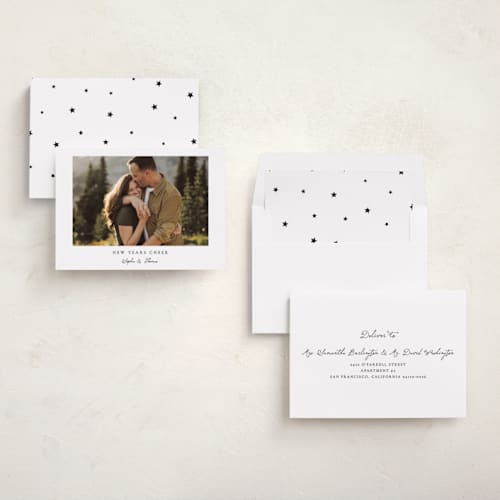 This is a snow new year photo cards with standard by Benita Crandall called happy new years printing on recycled smooth signature in standard
