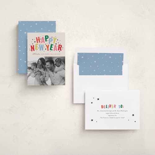 This is a confetti new year photo cards with standard by Kercia Jane called starlight wishes printing on recycled smooth signature in standard