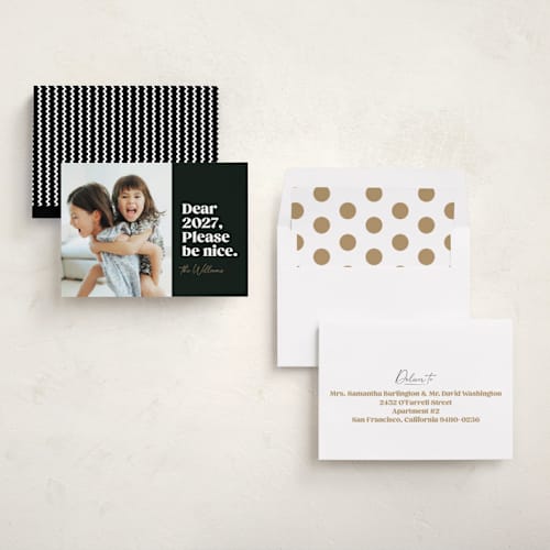 This is a onyx new year photo cards with standard by Robert and Stella called pretty please printing on recycled smooth signature in standard