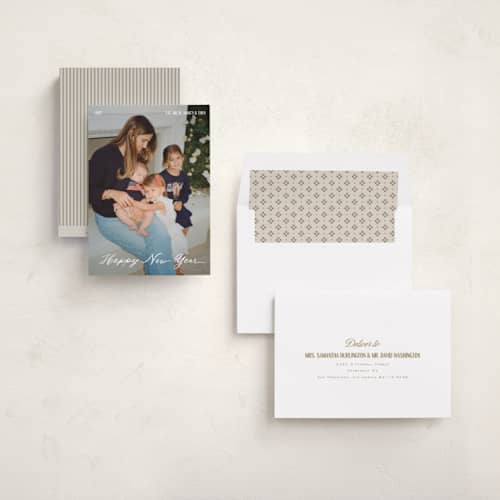 This is a linen new year photo cards with standard by Erin L. Wilson called laurene printing on recycled smooth signature in standard
