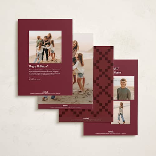 This is a burgundy new year photo cards with standard by Ani Somi called patchwork printing on recycled smooth signature in standard