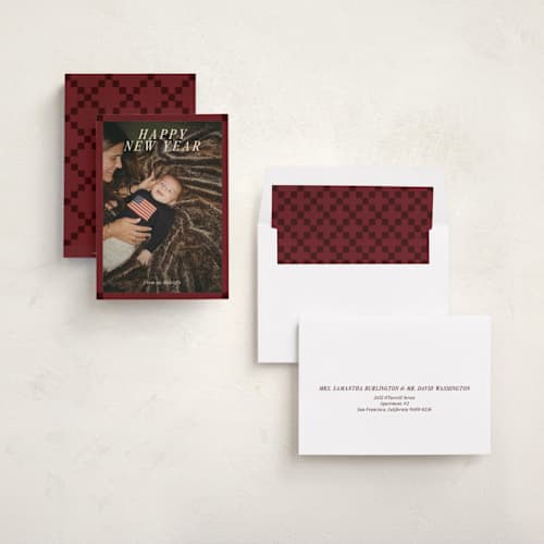 This is a burgundy new year photo cards with standard by Ani Somi called patchwork printing on recycled smooth signature in standard