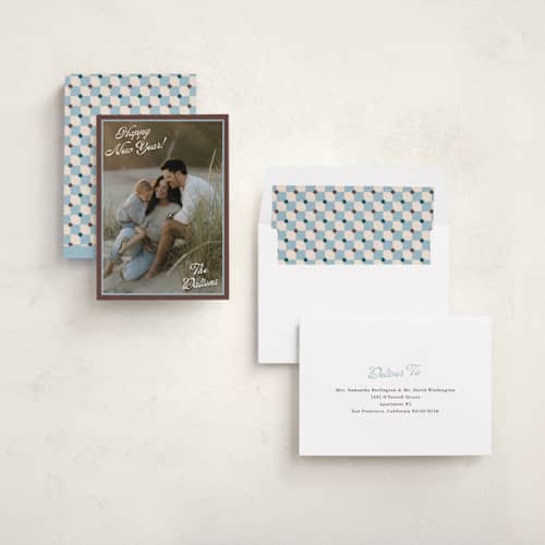 This is a cocoa new year photo cards with standard by Olivia Raufman called dalton printing on recycled smooth signature in standard