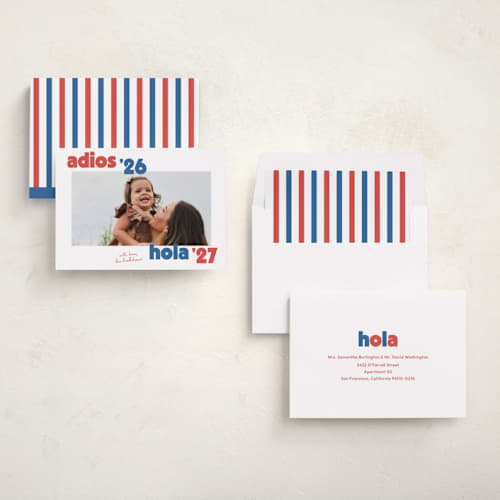 This is a azure new year photo cards with standard by Megan Davis called adios printing on recycled smooth signature in standard