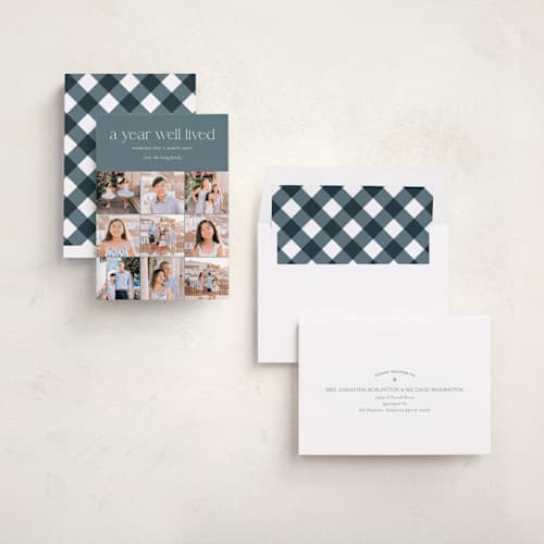 This is a spruce new year photo cards with standard by Shari Margolin called annual review printing on recycled smooth signature in standard