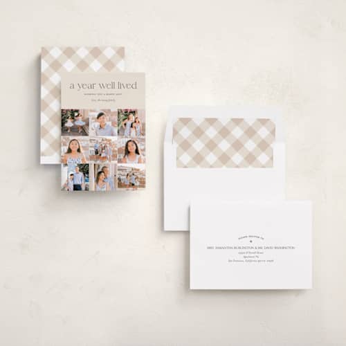 This is a eggnog new year photo cards with standard by Shari Margolin called annual review printing on recycled smooth signature in standard