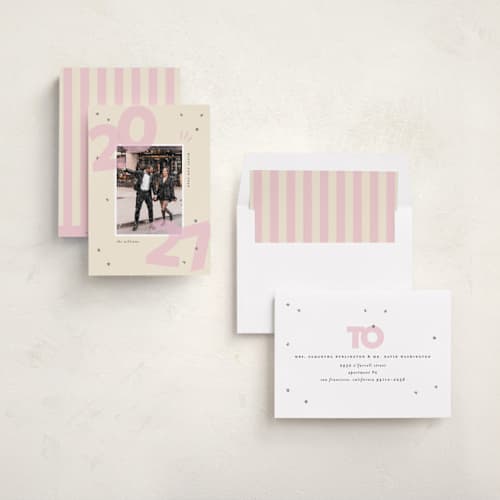 This is a blush new year photo cards with standard by Ashley Iwafuchi called bold beginning printing on recycled smooth signature in standard