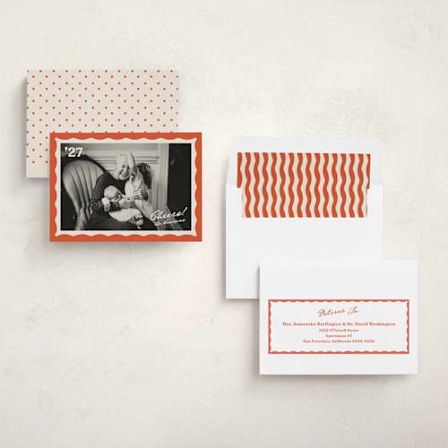 This is a hibiscus new year photo cards with standard by Creo Study called squiggle frame printing on recycled smooth signature in standard