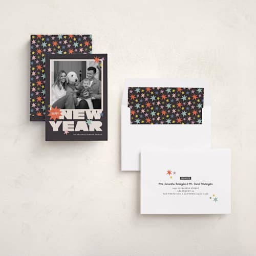 This is a midnight new year photo cards with standard by Pace Creative Design Studio called big year energy printing on recycled smooth signature in standard