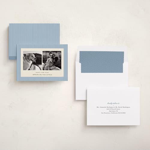 This is a powder new year photo cards with standard by Sara Hicks Malone called pinstripe printing on recycled smooth signature in standard