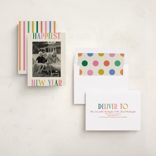 This is a rainbow new year photo cards with standard by Creo Study called bold n bright printing on recycled smooth signature in standard