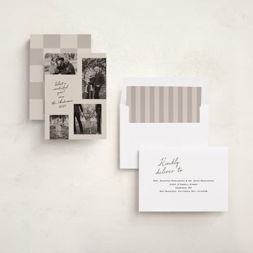 This is a taupe new year photo cards with standard by Lisa McLean called contemporary printing on recycled smooth signature in standard