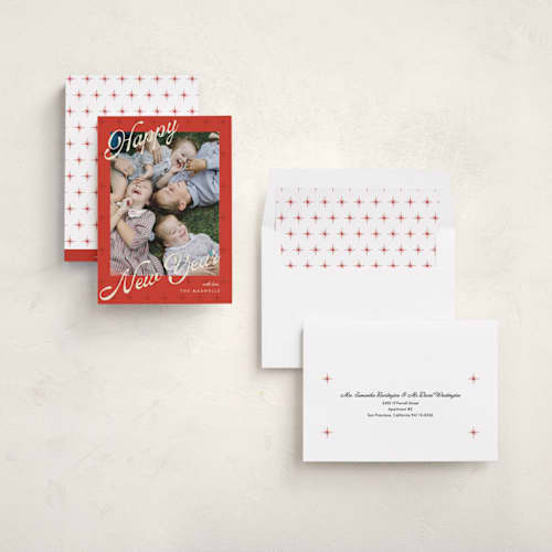 This is a cherry new year photo cards with standard by Ilene Guy called retro ny printing on recycled smooth signature in standard