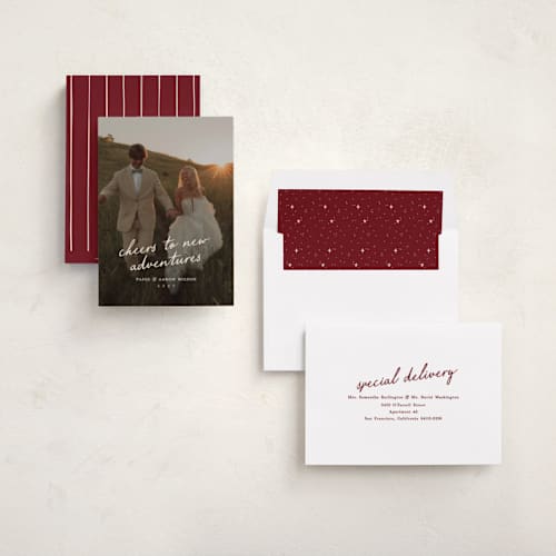 This is a creme new year photo cards with standard by Owl and Toad called adventure printing on recycled smooth signature in standard