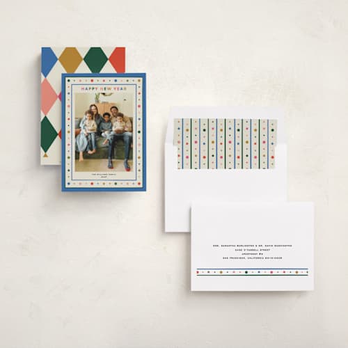 This is a confetti new year photo cards with standard by Jennifer Lew called stars & sun printing on recycled smooth signature in standard