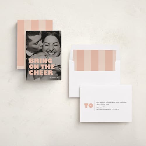 This is a creamsicle new year photo cards with standard by Snow and Ivy called bring on the cheer printing on recycled smooth signature in standard