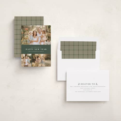 This is a eucalyptus new year photo cards with standard by Wildfield Paper Co called quartzite printing on recycled smooth signature in standard